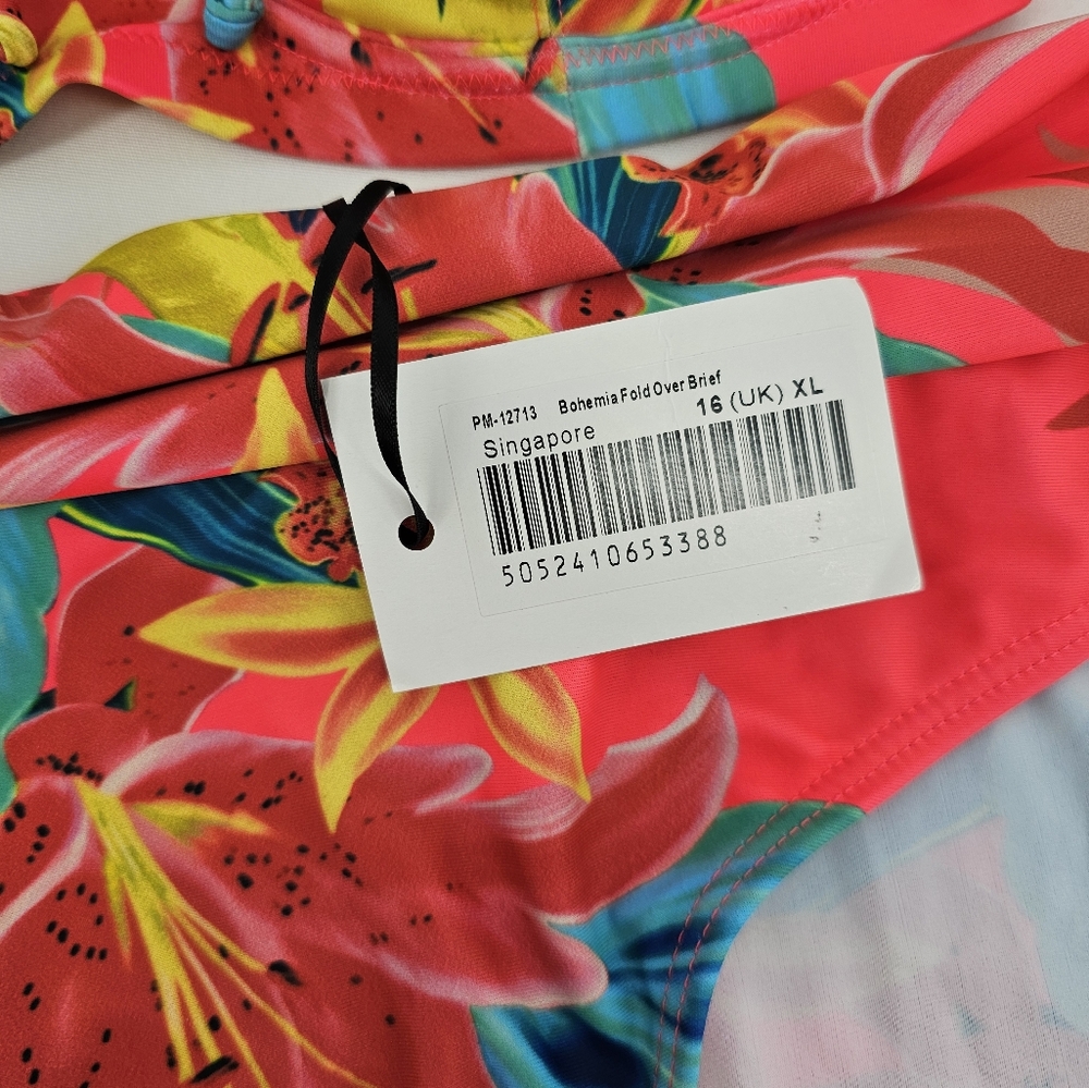 Tropical Print Bikini Set - Coral Pink and Blue - Picture 2 of 7